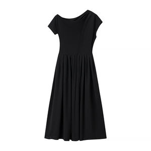 Femmes New <span class=keywords><strong>Chic</strong></span> Fashion Round Slanted Shoulder Big Swing MIDI Dress Vintage Short Sleeve Female Dresses Robe Mujer - Product Image 3