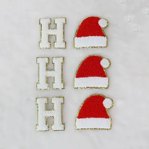 고품질 크리스마스 모자 골드 반짝이 멀티 컬러 문자 6cm 철 셔닐 패치