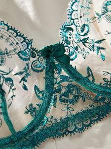 Green Floral Embroidery Lingerie <b>Set</b> <b>Sexy</b> Sheer Mesh Underwire Bra and Thong Panties <b>Set</b> 2 Piece Bow Lace Intimates <b>Set</b> OEM ODM - Product Image 4