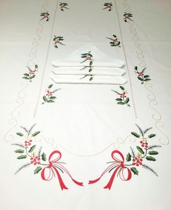 Nappe de Noël en coton blanc brodée de houx et de nœuds rouges, avec ourlet festonné, pour la maison, l'hôtel, le restaurant et les fêtes - Vente en gros - Product Image 2