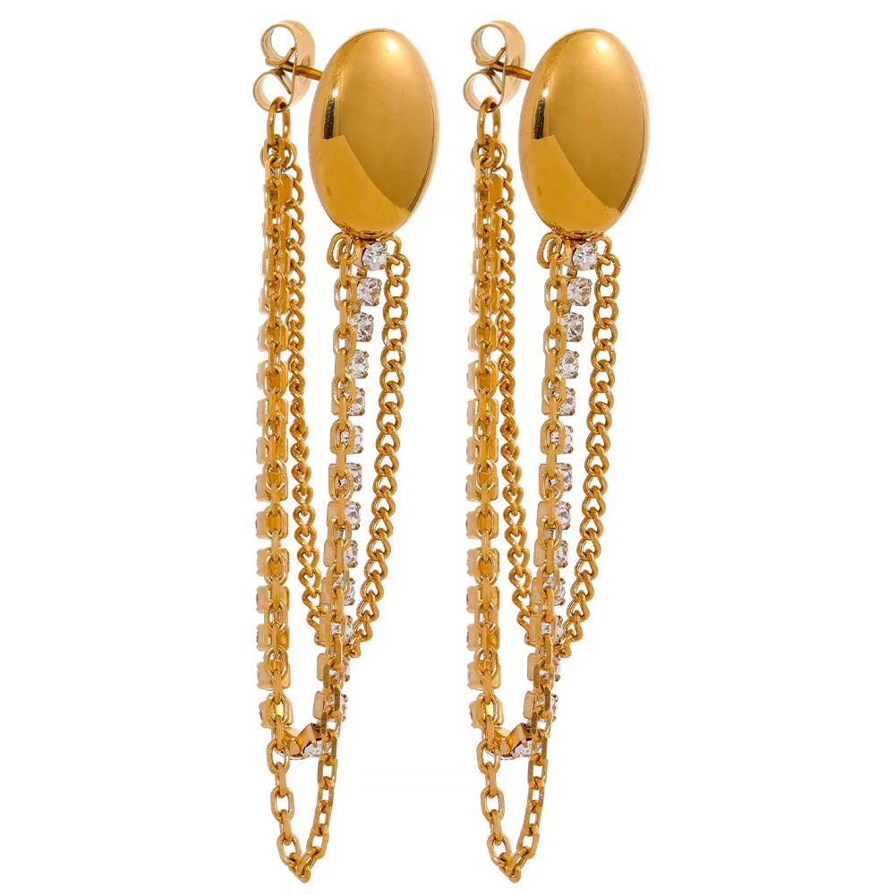 JINYOU 1707 Gold Luxury Stainless Steel Chain Cubic Zirconia Link Fashion Long Tassel Earrings Jewelry Waterproof' Women Party