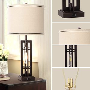 Lámpara <span class=keywords><strong>con</strong></span> puerto de acabado en bronce y sombra beige para sala de estar, dormitorio y hogar sin bombilla - Product Image 3