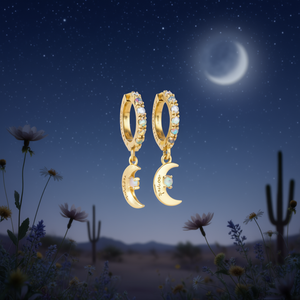 Orecchini a Cerchio Placcati Oro con Ciondolo Luna in Opale, Portafortuna per Donna, Stile Carino per Uso Quotidiano - Product Image 2