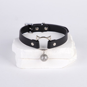 Black <b>Leather</b> <b>Cat</b> <b>Collar</b> With Bell Punk Style SM Bondage Accessory For Adults - Product Image 1