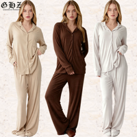 Ensemble de pyjama côtelé en modal et coton pour femme, personnalisable OEM, luxueux, doux, long, pour l'hiver, vêtements de détente, pyjama boutonné pour femme