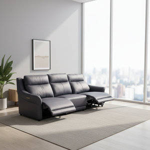 Sofá Reclinable Eléctrico de Cuero Genuino Moderno con Funciones de Masaje y Extensibles, Tres Asientos, Control Remoto - Product Image 1