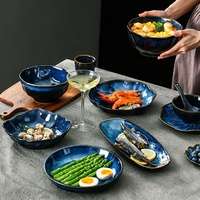 Vaisselle en grès céramique moderne bleu émaillé, assiettes faites à la main avec émail changeant de couleur au four, écologiques, compatibles micro-ondes et lave-vaisselle