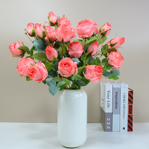 Fleurs artificielles Dongchen Crafts en vase, roses à 3 têtes, tige unique en polyester, décoration d'intérieur, accessoires de mariage, arrangement de bureau - Product Image 1