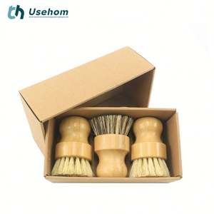 Ensemble de brosses de nettoyage réutilisables en bambou-Manche rond, kit de brosses de cuisine 3 pièces avec plateau - Product Image 4