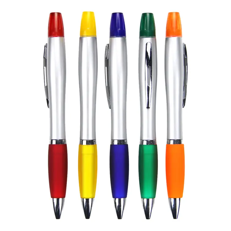 Custom Logo Promotional Multi color 2 in 1 Plastic Ball Pen With Highlighters Nite Writer Pen