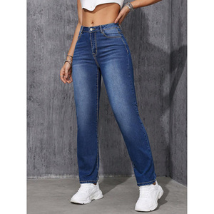 Plus Size Women's Dark Blue High <b>Elasticity</b> Straight Leg <b>Jeans</b> Japanese Korean Leisure Style Crouching <b>Waist</b> Trousers - Product Image 3