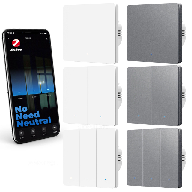Tuya Zigbee Smart Light Switch No Neutral Wire No Capacitor Required Mechanical Push Button Works with Alexa Smart Home
