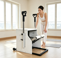 Chaise Wunda d'exercice portable et réglable en bois de chêne écologique pour yoga et Pilates à domicile, avec structure stable et réglage des hauteurs de marchepieds