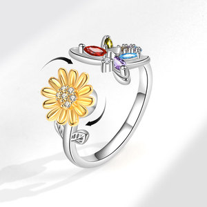 Anillo giratorio ajustable con diseño de girasol para mujer, chapado en oro, cobre, circonita colorida con corte marquesa, joyería de mariposa para la ansiedad - Product Image 2