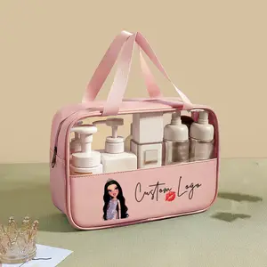 Bolsa de maquillaje barata de PVC PU para mujer, bolsa de cosméticos transparente a granel con cremallera, neceser de viaje para maquillaje