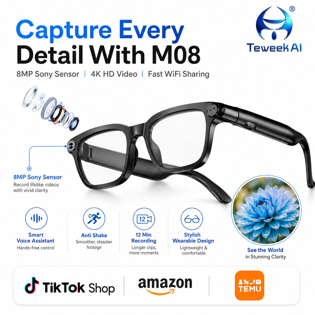 M08 Smart Glasses AI Camera 8MP 1080P Video Recorder Dual Mic ENC WiFi Music IP65 Outdoor Eyewear Wholesale