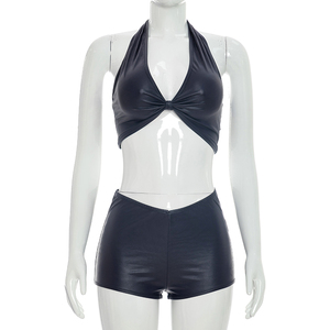 Viviblook Q26ST070 Women Summer <b>Set</b> <b>Sexy</b> Sleeveless Halter Vest Crop Top Skinny Mini Shorts Solid Color Two Piece <b>Set</b> - Product Image 3