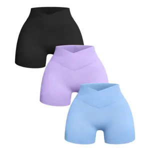Celana pendek olahraga wanita, celana pendek Yoga bentuk V seksi elastis tinggi mengangkat bokong Yoga
