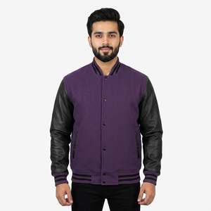 Baseball Varsity College Letterman <b>Jacket</b>, <b>White</b> Leather Sleeves & Purple Wool Body - Product Image 1