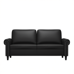 Canapé deux places en similicuir noir, pieds en métal, style Chesterfield traditionnel, meubles de salon, dossier rigide, accoudoirs roulés, durable - Product Image 1