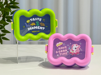 Boîte à bento ondulée pour enfants en PP avec ensemble de couverts, couvercle à fermeture à pression, fenêtre transparente, boîte à lunch portable pour l'école, boîte à lunch pour enfants avec dessin animé