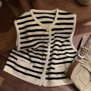 <strong>Women's</strong> Casual Black and White Striped <strong>Sleeveless</strong> Knitted Vest Coat for Spring and Autumn Outer Wear Sweater <strong>Cardigan</strong> - Product Image 6