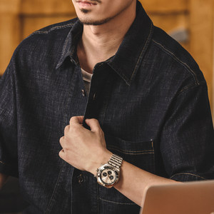 Camicia in denim preppy vintage stile americano da uomo, a maniche corte, estiva, streetwear, anti-piega, vestibilità ampia, lavaggio medio - Product Image 2