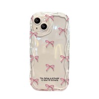 Coque de téléphone portable en TPU transparente rose avec nœud papillon imprimé et bracelet perlé pour iPhone 17 8 X Xr XS 11 12 13 14 15 16 Pro Max