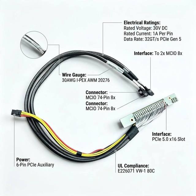 Custom Length PCIe 5.0 X16 Riser Extension Cable MCIO 8x to GPU Slot Card With 6Pin Power Wire Harness for Enterprise Server