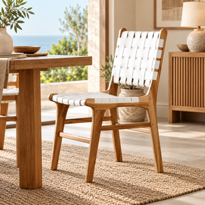 <b>Teak</b> <b>Garden</b> <b>Chair</b> With White Woven Seat And Back Tapered Legs Outdoor Furniture Durable Midcentury Modern Style - Product Image 1