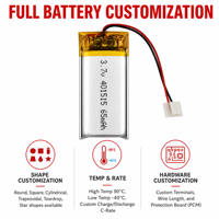 Batterie polymère Li-ion personnalisée OEM ODM UL1642 UL2054, petite batterie 3,7 V, pochette lithium 401515 65 mAh 3,7 V