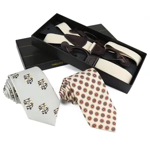 Custom Leather Button Elastic Braces Print Necktie Light Color Matching Tie And Suspender Sets For Wedding