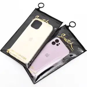 Custom Gold Foil Transparent PVC Zipper Bag Rectangle Zip Lock Pouch With Handle Packaging Phone Case
