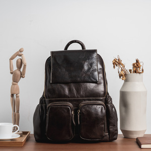Large Capacity Cowhide <b>Backpack</b> Unisex 14-Inch Laptop Compartment Casual Shoulder Bag Everyday Use - Product Image 2
