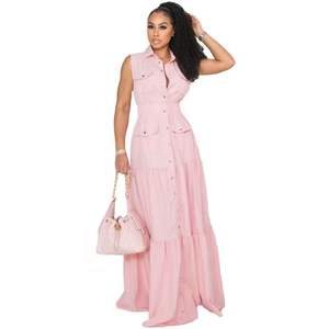 Robes d'automne pour femmes, robe maxi sans manches boutonnée, couleur unie, élégance, plusieurs poches, style bohème, vacances - Product Image 4