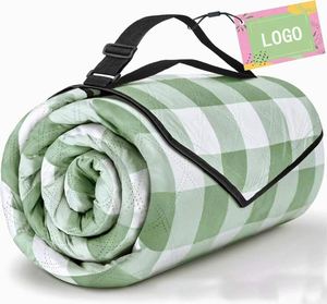 Wholesale Green White Plaid Waterproof Picnic <b>Blanket</b> with Carry Strap for Outdoor Camping <b>Beach</b> - Product Image 1