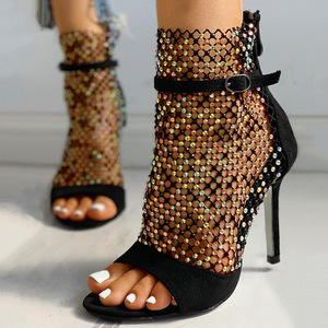 Bottes Femme Hollow Rhinestone Mesh Design Open Toe Shoes Sexy 2025 Women's <b>Boots</b> - Product Image 2