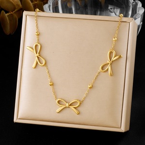Gold Plated Bowknot Pendant Beaded Chain Stainless Steel Clavicle Necklace For Daily Party Wear - Product Image 1