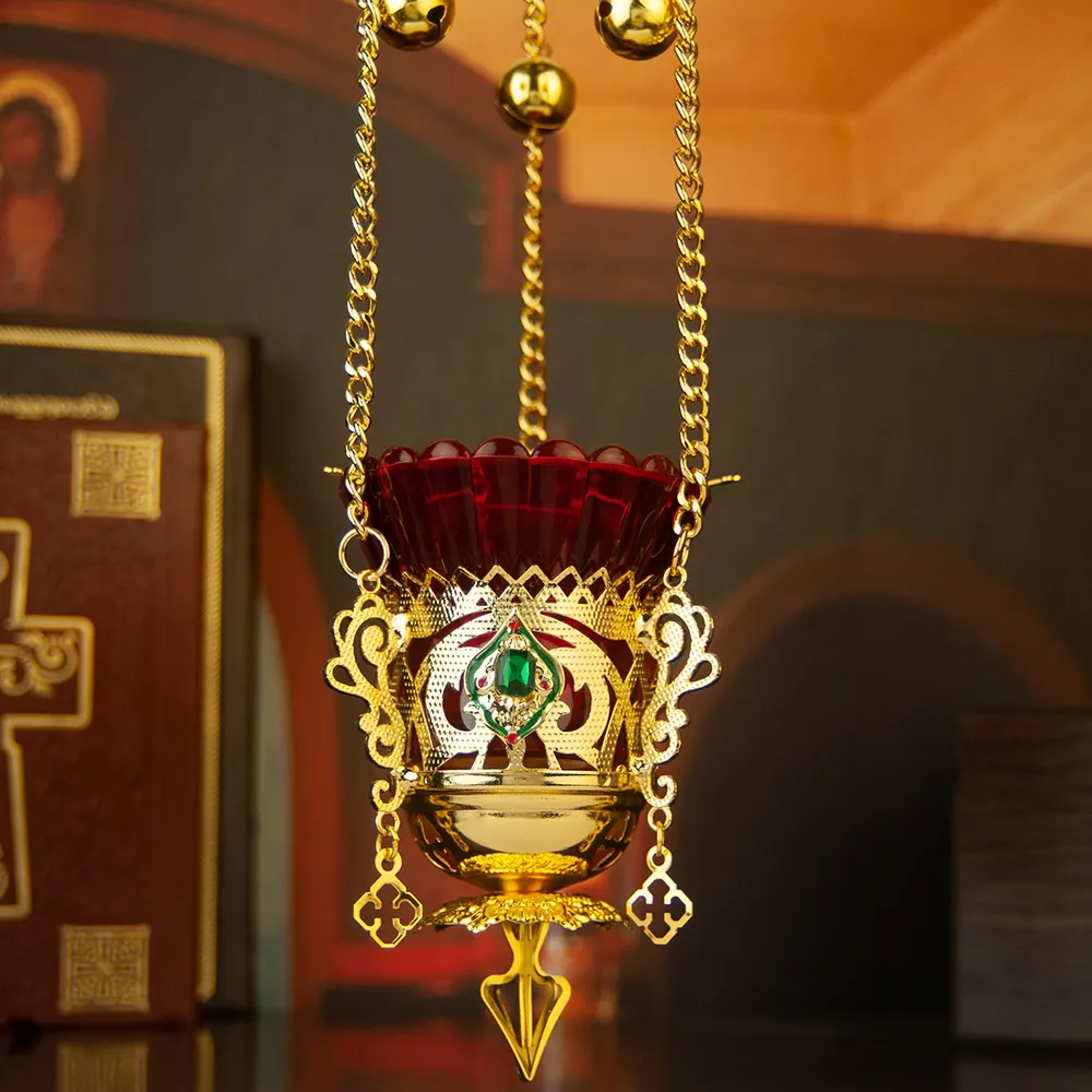 HT Church Proveedor Gran lámpara de vigilia de aceite católica ortodoxa griega rusa chapada en oro con copa votiva roja y campana de cadena