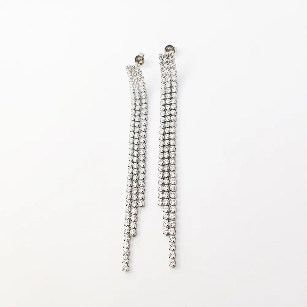 Stainless Steel Chandelier Tassel Dangle Linear Drop Earrings Party Jewelry Clear Austrian Crystal Diamond Tennis Chain Earrings