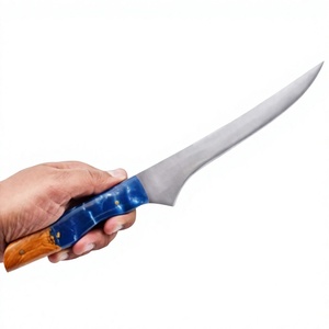 Cuchillo de filetear hecho a mano de acero inoxidable con mango de madera de resina azul y funda de cuero grabada a juego para exteriores - Product Image 1