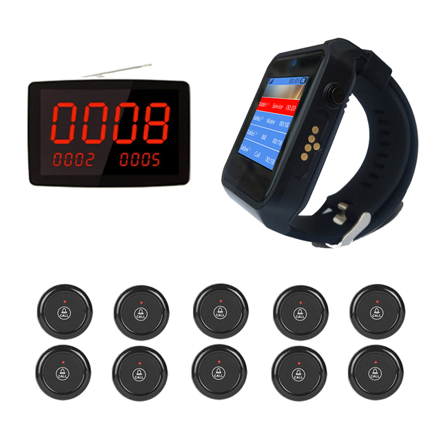 Wireless Restaurant Watch Pager Waiter Calling System Restaurant Cafe Hotel Room Service Call System 1 Display Screen 10 Buttons