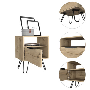 <b>Light</b> <b>Oak</b> 1-Shelf 1-Drawer Nightstand With Hairpin Legs For Bedroom Storage - Product Image 3