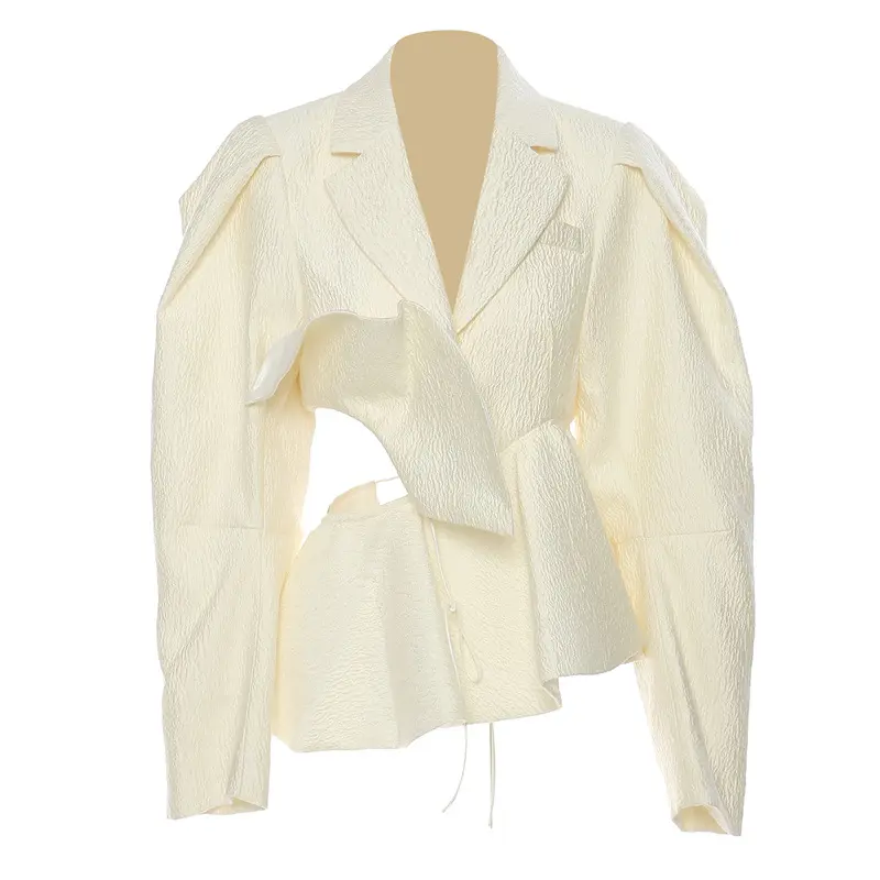 Vita scava fuori corda elastica tasca marmo Texture scollo a V moda Sexy confortevole sciolto giallo Tuck giacche da donna blazer