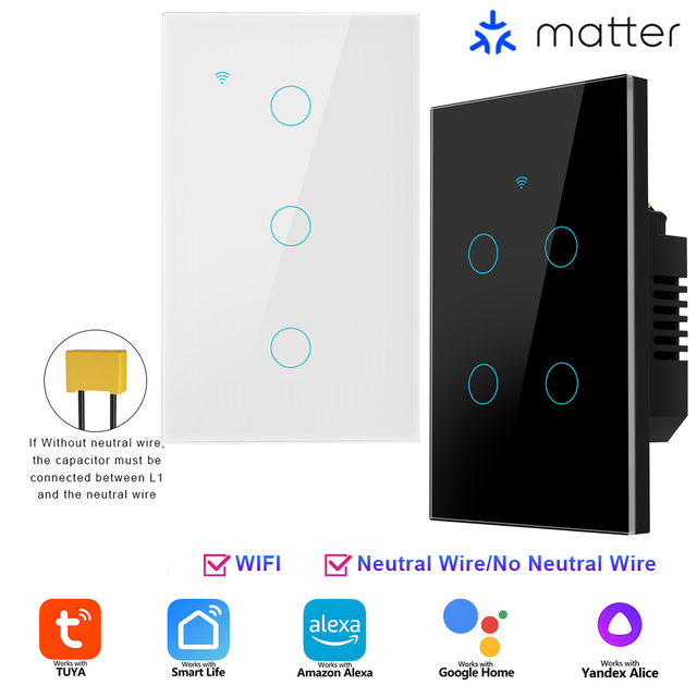 Tuya WiFi Matter Smart Touch Wall Switch 1/2/3/4 Gang No Neutral & Neutral Wire US/AU Alexa Google Smart Home Remote Switches