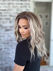 Perruques synthétiques frontales en dentelle effet vague d'eau, ombrées blond cendré avec mèches, 13x4, pré-épilées, sans colle - Product Image 2