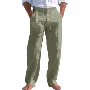 Pantalones de Lino y Algodón para Hombre, Estilo Americano, Cintura Elástica, Transpirables, de Pierna Recta, Color Sólido, para Playa, Verano - Product Image 1