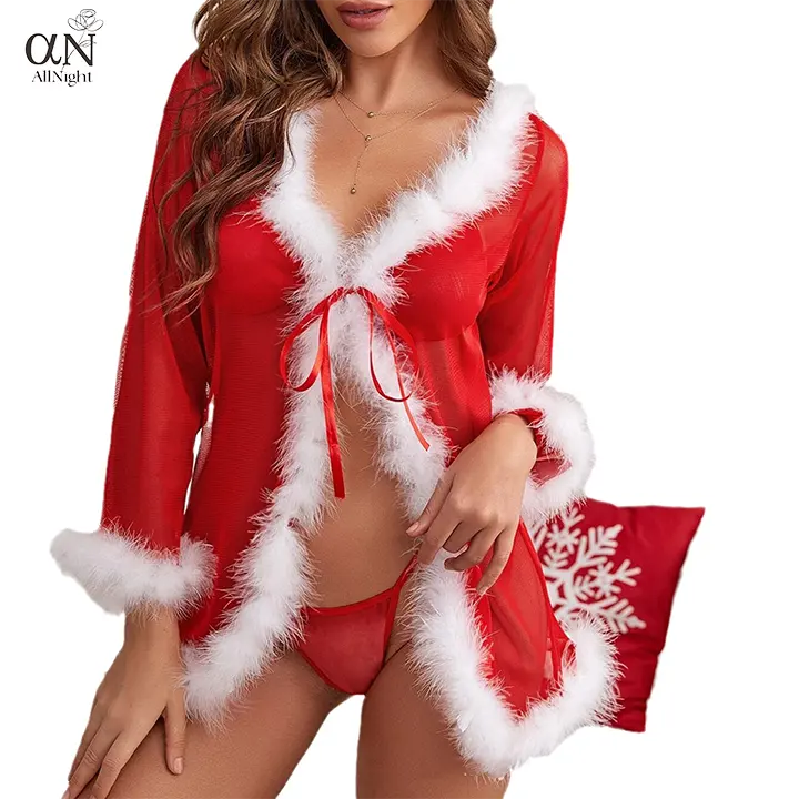 Sexy Santa Está Vindo Para A Cidade Pena Branca Quimono Amarre Plus Size 3 Peças Bikini Bra Tangas De Natal Pijama Lingerie Set