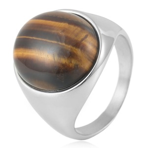 yunnique Men's <b>Titanium</b> Steel <b>Ring</b> With Tiger Eye Stone Bezel Setting Silver Color Geometric Design Fashion Jewelry Gift - Product Image 1