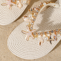 EvertopSurf Tongs de plage plates pour femme, style mode, avec décorations en strass, étoile de mer, coquillage et perle, imitation chanvre